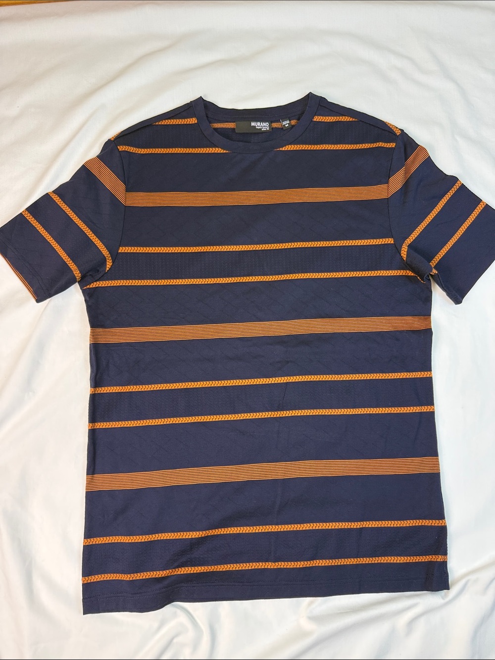 Murano Navy with Orange Horizontal Stripe Tee Sz Medium 100% Cotton